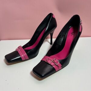 Vintage y2k 2000s Mcbling pink and black buckle square toe heels